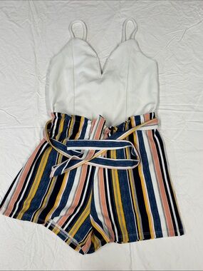 Almost Famous Striped Romper Skort Set V-Neck Camisole Tie Waist Sz M